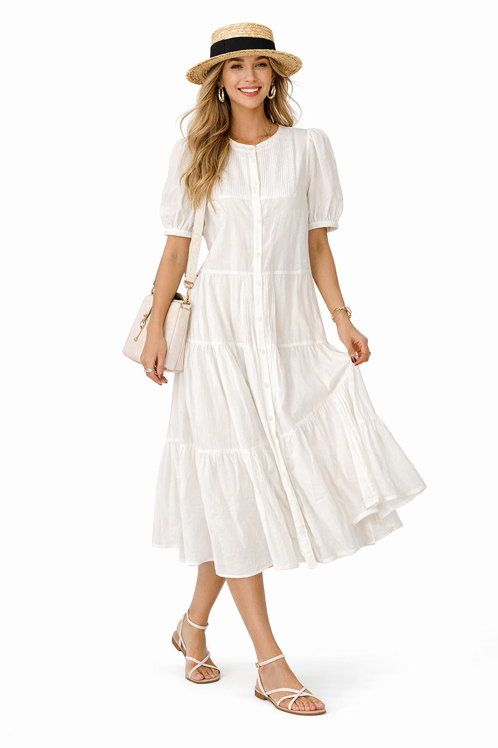 Pintuck Front Bubble Short Sleeve Pure Cotton Shirt Tiered Dress in White