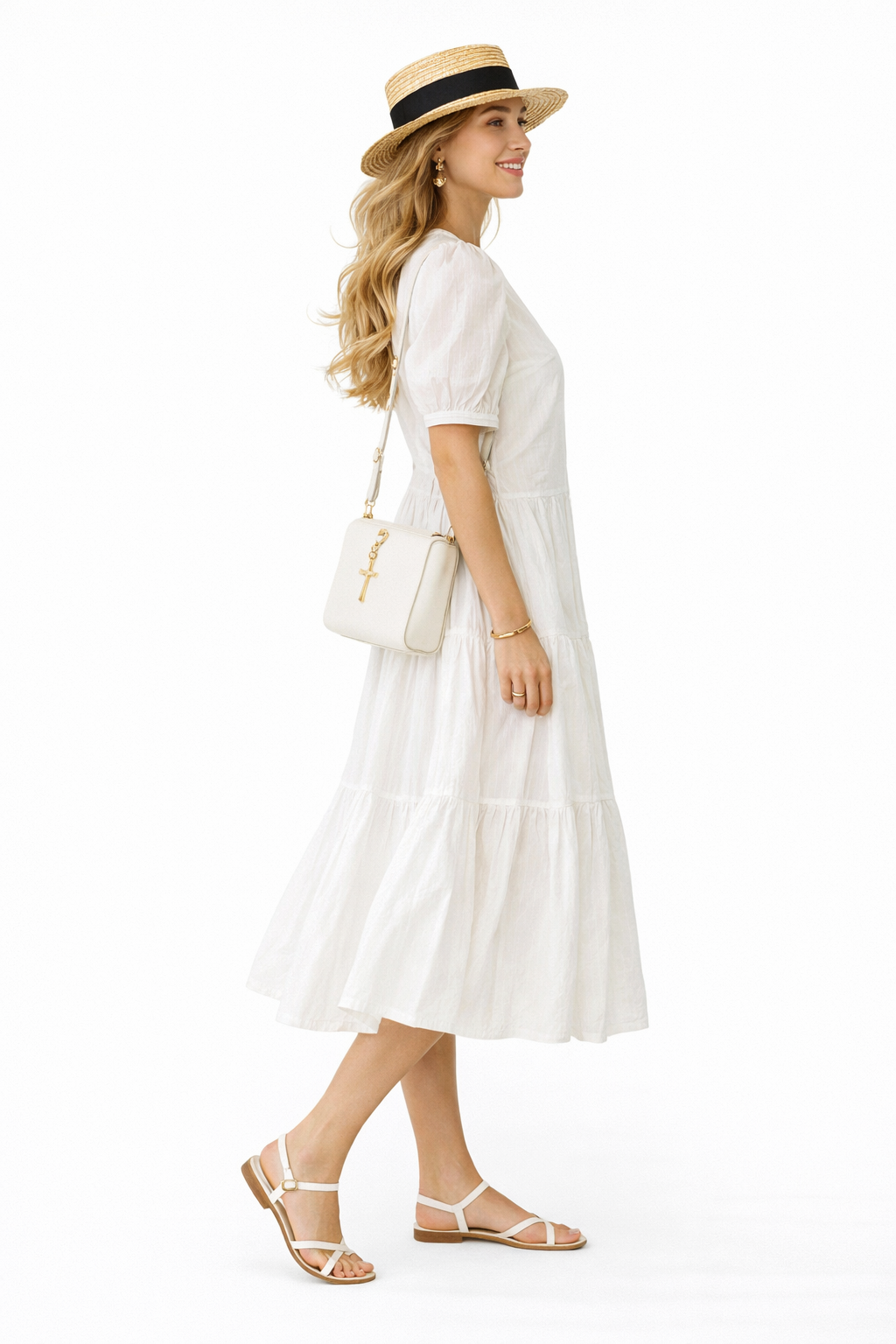 Pintuck Front Bubble Short Sleeve Pure Cotton Shirt Tiered Dress in White