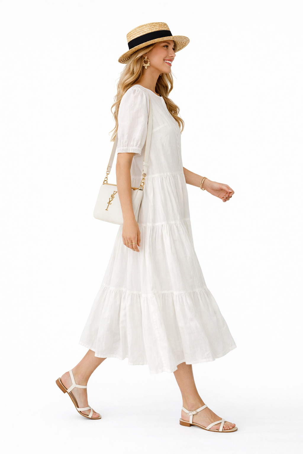 Pintuck Front Bubble Short Sleeve Pure Cotton Shirt Tiered Dress in White