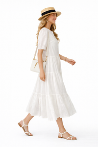 Pintuck Front Bubble Short Sleeve Pure Cotton Shirt Tiered Dress in White