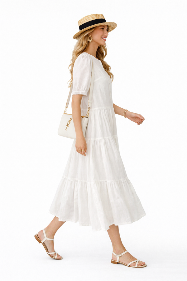 Pintuck Front Bubble Short Sleeve Pure Cotton Shirt Tiered Dress in White