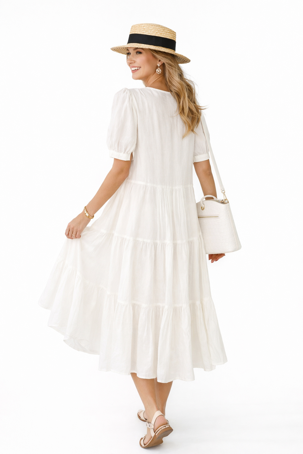 Pintuck Front Bubble Short Sleeve Pure Cotton Shirt Tiered Dress in White