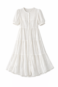 Pintuck Front Bubble Short Sleeve Pure Cotton Shirt Tiered Dress in White