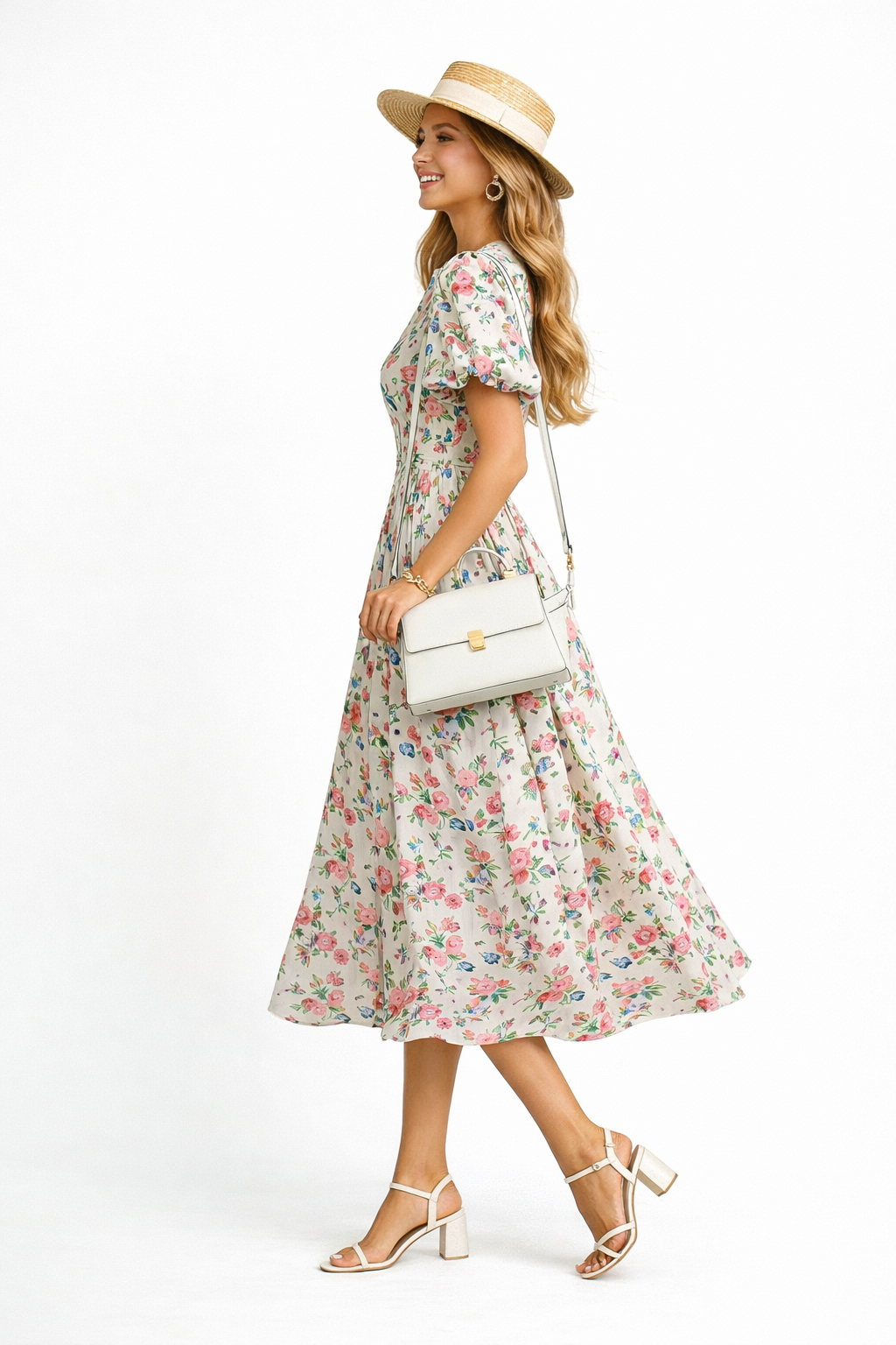 Puffy Short Sleeve Floral Print Cotton Fit-and-Flare Midi Dress