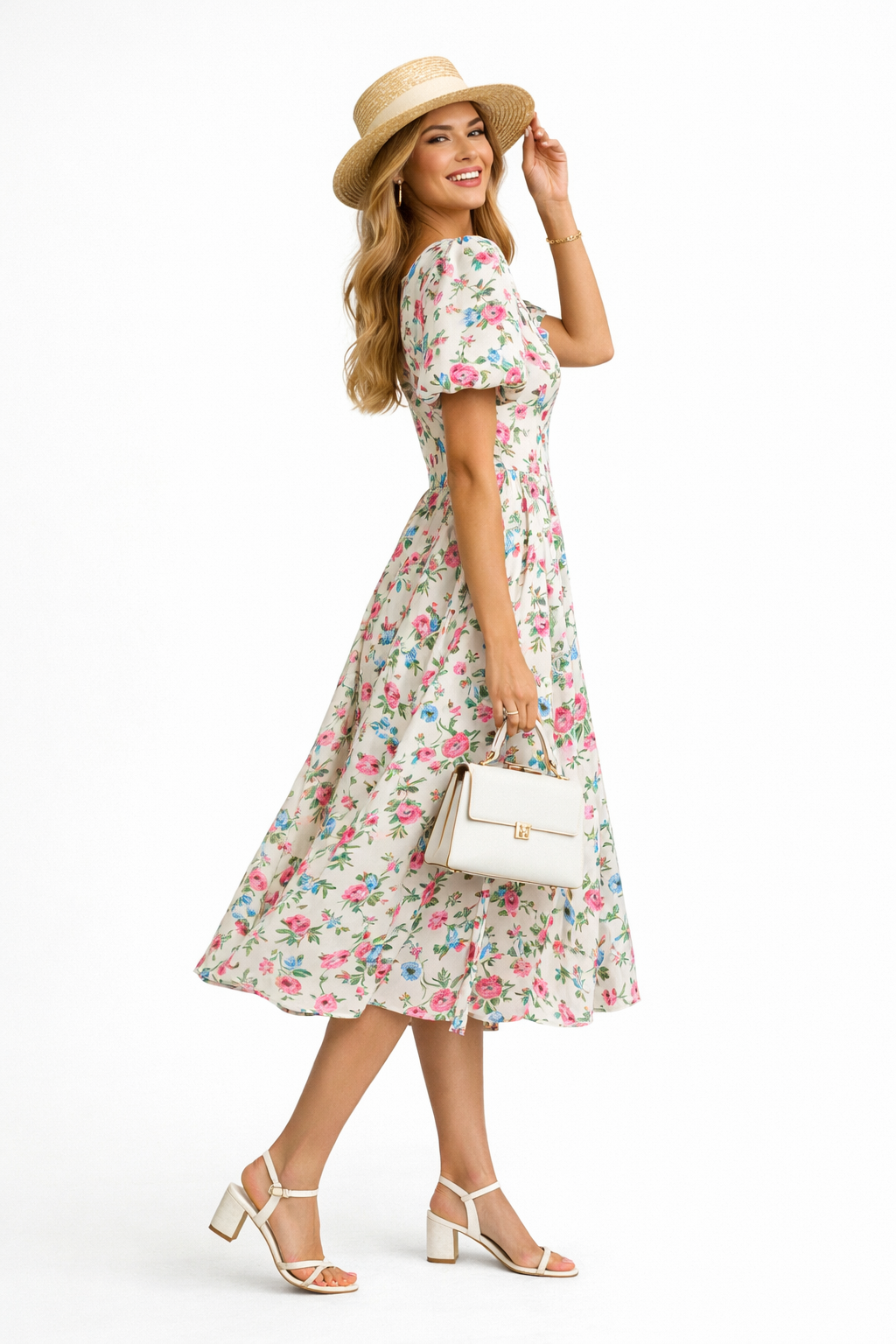 Puffy Short Sleeve Floral Print Cotton Fit-and-Flare Midi Dress – Celebrity  Designz
