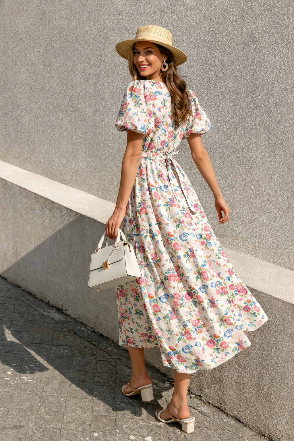 Puffy Short Sleeve Floral Print Cotton Fit-and-Flare Midi Dress