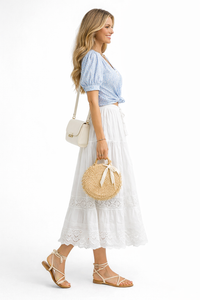 Elastic Waist Embroidered Eyelet Cotton Tiered Skirt in White