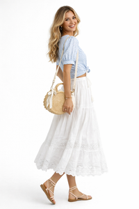 Elastic Waist Embroidered Eyelet Cotton Tiered Skirt in White