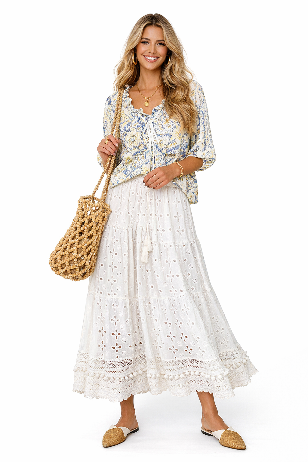 Boho Pom-pom Hem Embroidered Pure Cotton Midi Skirt in White