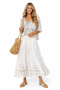 Boho Pom-pom Hem Embroidered Pure Cotton Midi Skirt in White