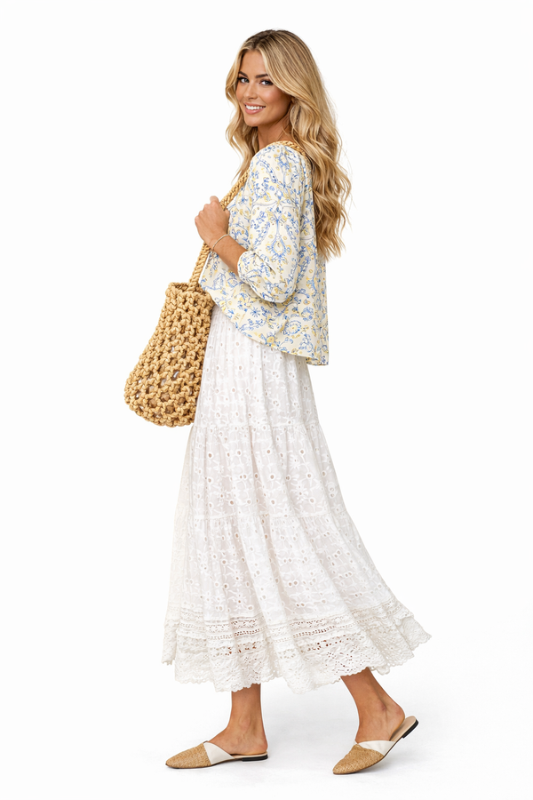 Boho Pom-pom Hem Embroidered Pure Cotton Midi Skirt in White