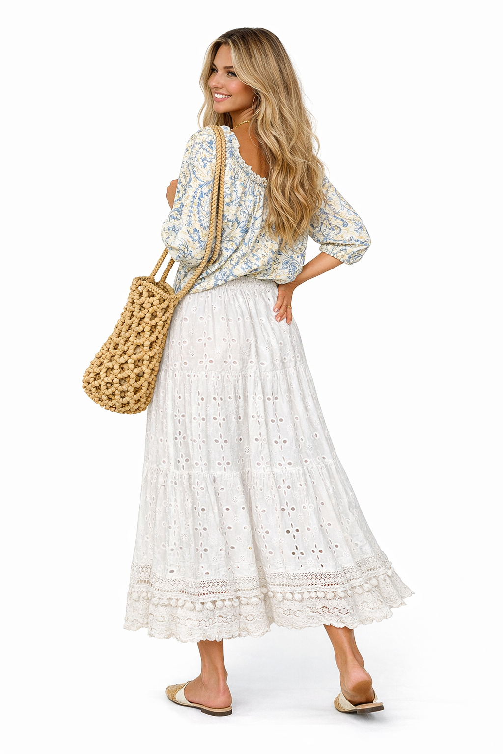 Boho Pom-pom Hem Embroidered Pure Cotton Midi Skirt in White