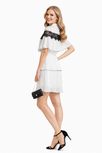 Pussy-bow Pleated Gazar & Guipure Lace Cape Mini Dress