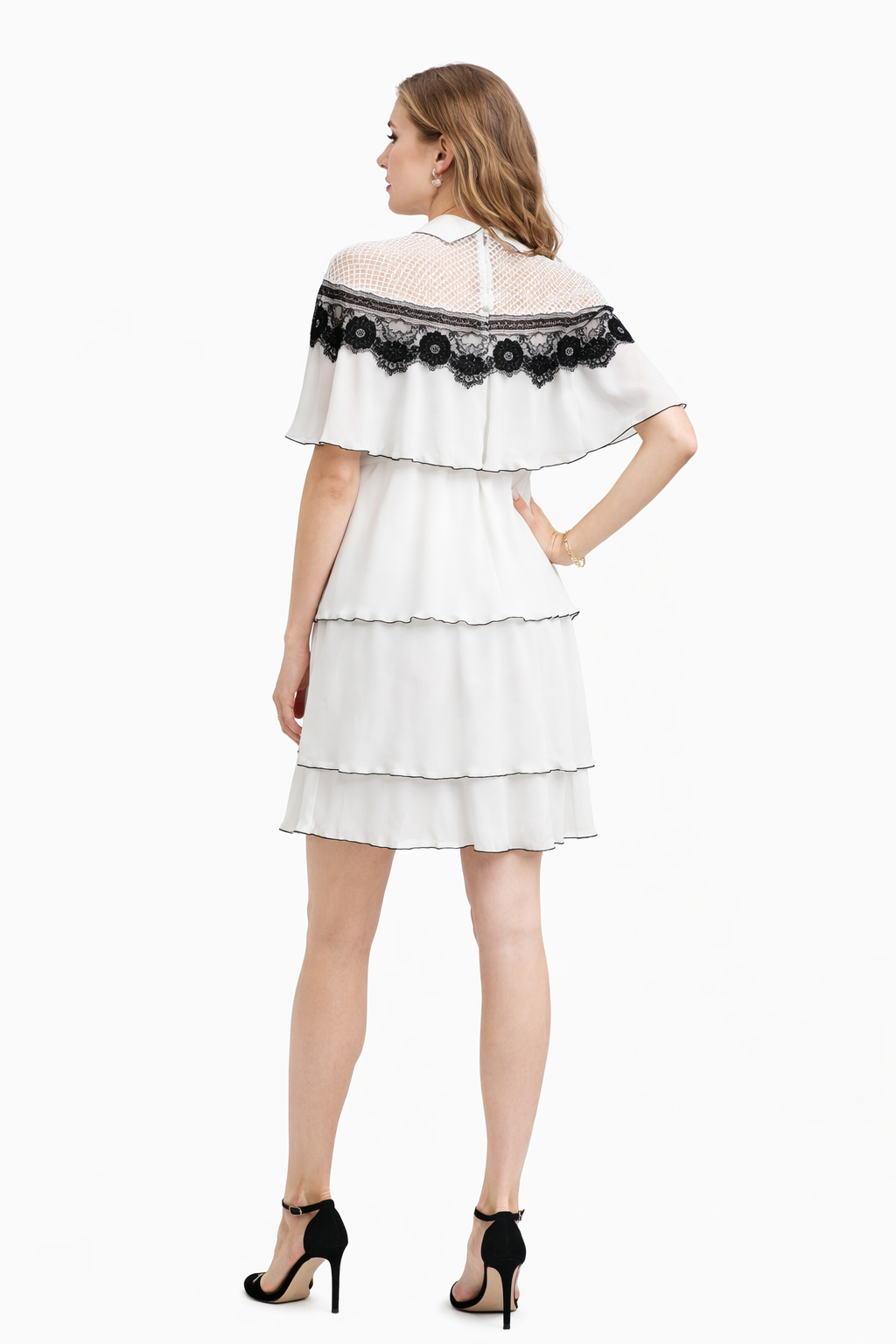 Pussy-bow Pleated Gazar & Guipure Lace Cape Mini Dress