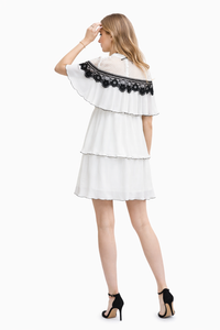 Pussy-bow Pleated Gazar & Guipure Lace Cape Mini Dress