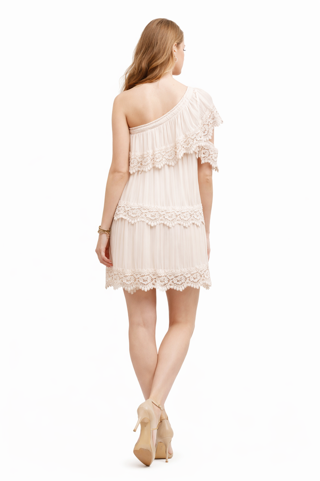 One Shoulder Pleated Embroidered Dress