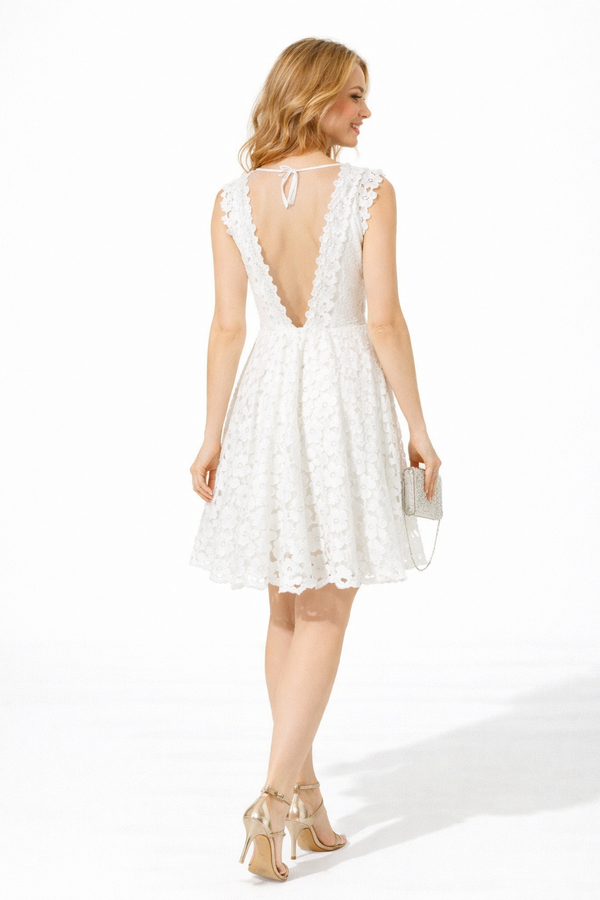 Designer White Sleeveless High Neck V-Back Crochet A Line Dress