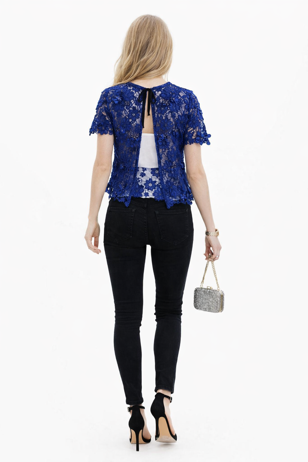 Open-back Floral Guipure Top in Royal Blue