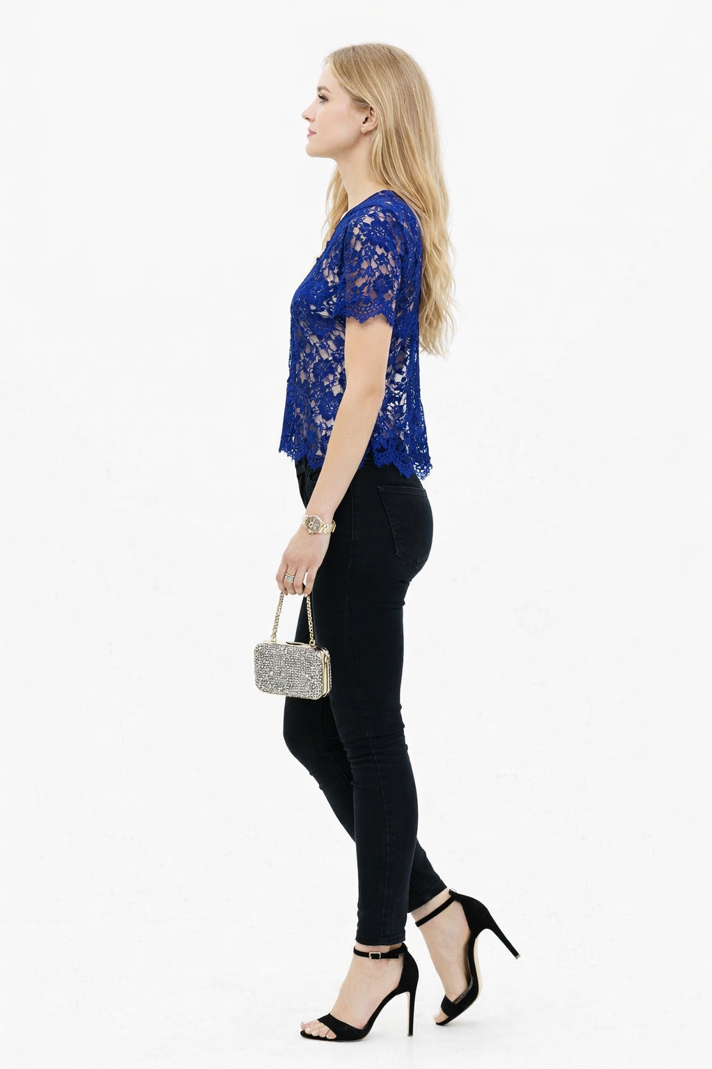 Open-back Floral Guipure Top in Royal Blue
