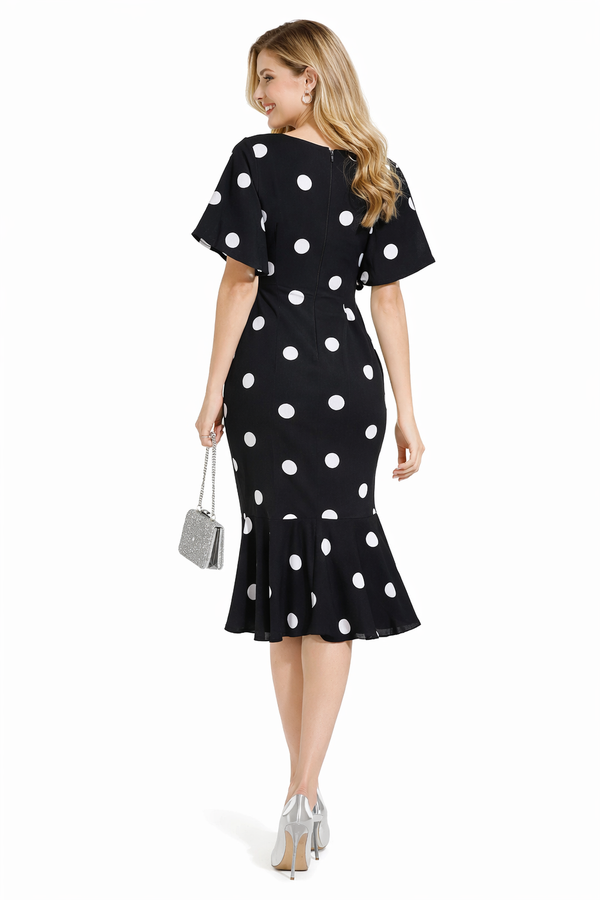 Polka Dot Print Flutter Sleeve Fishtail Midi Dress