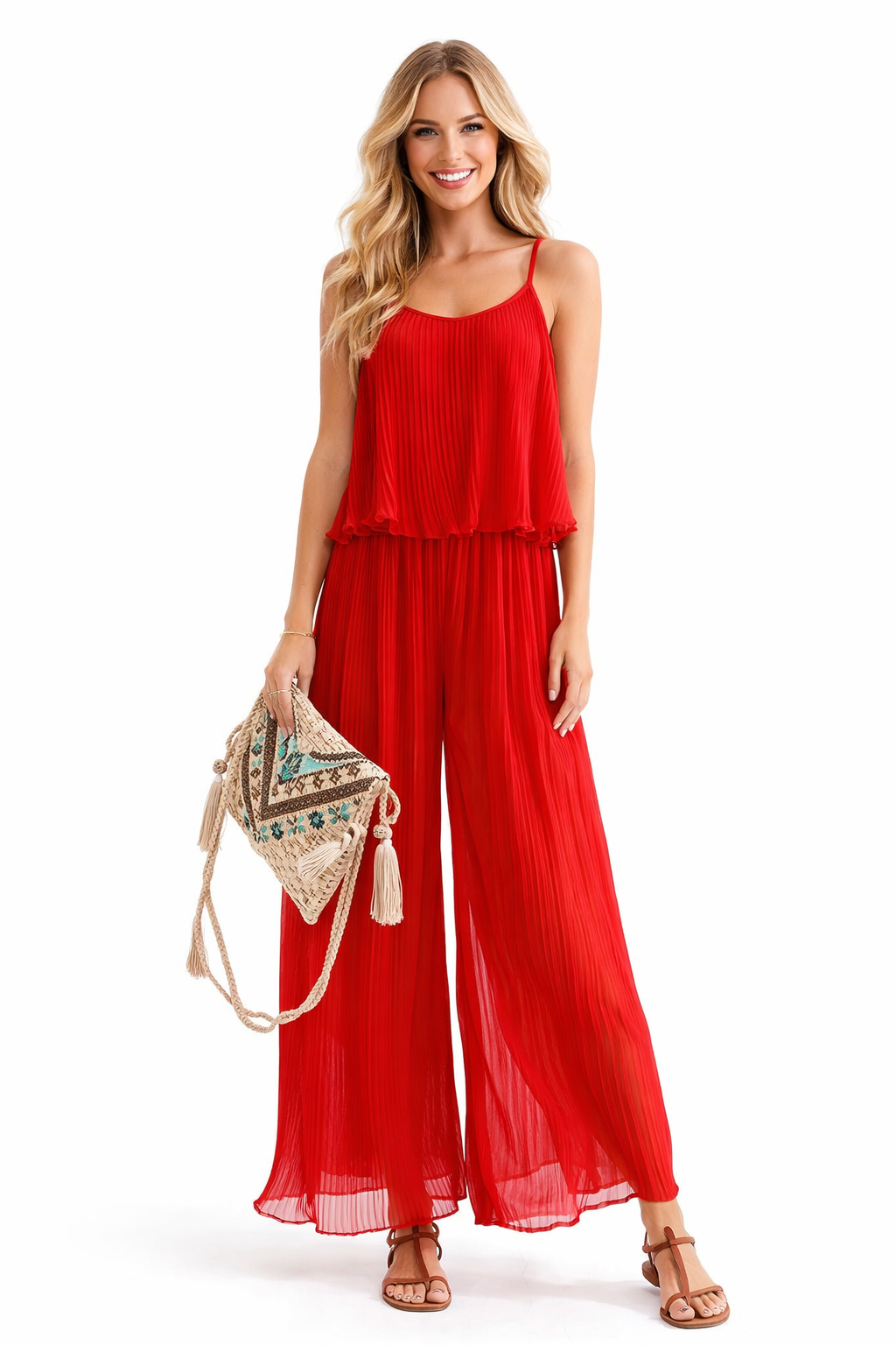 Strappy Pleated Ruffle Top Culottes Jumpsuit in Red