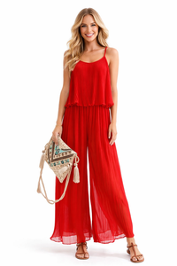 Strappy Pleated Ruffle Top Culottes Jumpsuit in Red