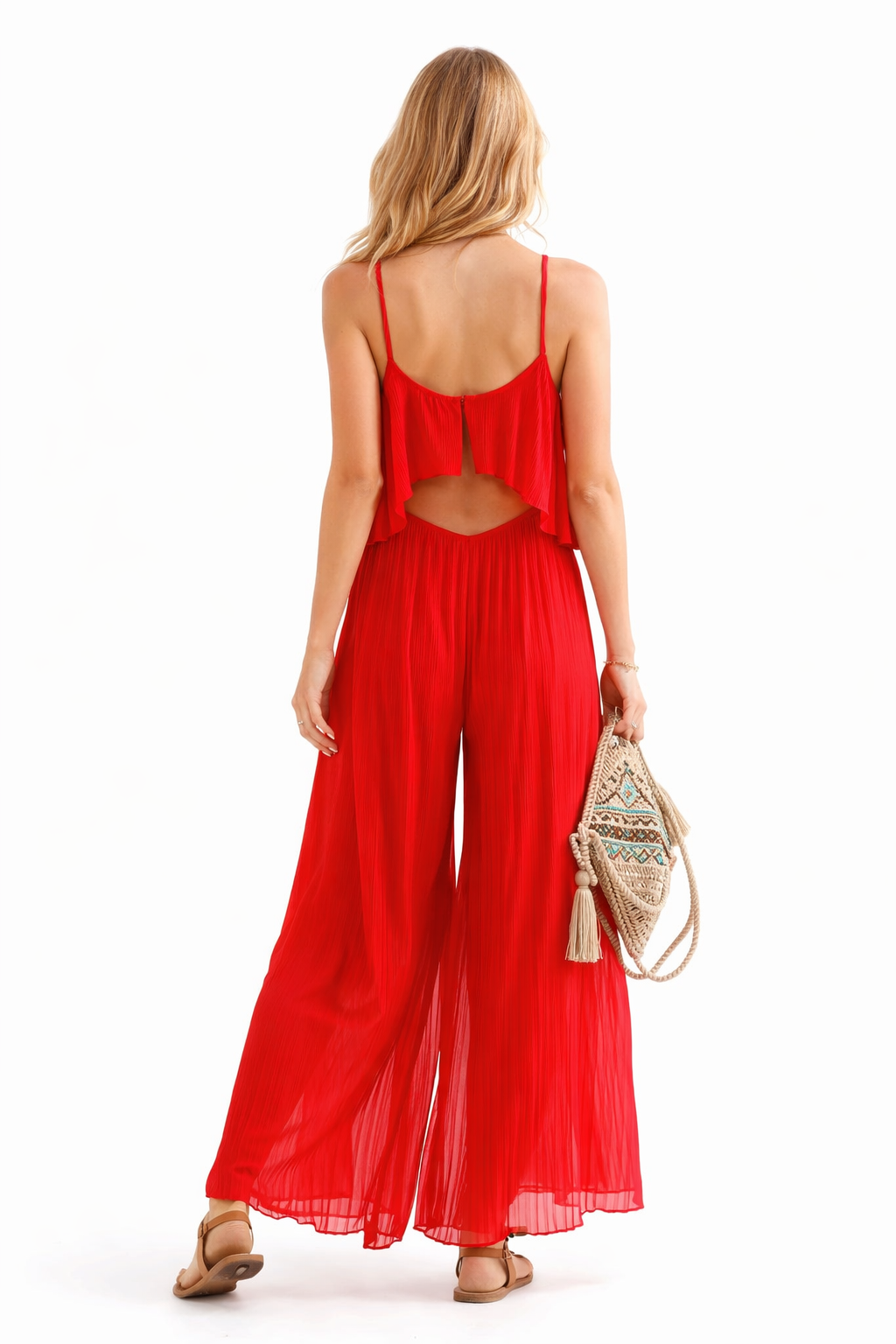 Strappy Pleated Ruffle Top Culottes Jumpsuit in Red