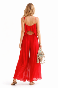 Strappy Pleated Ruffle Top Culottes Jumpsuit in Red