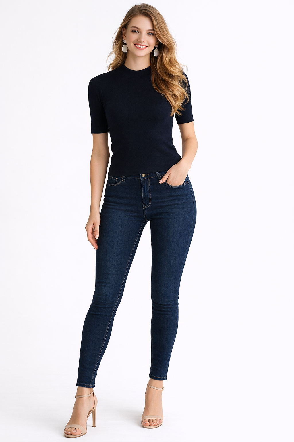 Meghan Light Wool Crew Neck Knit Top in Navy