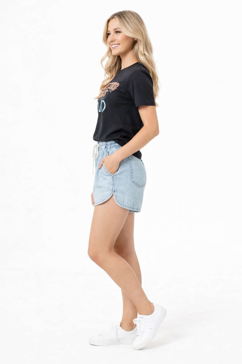 Low Rise Drawstring Sporty Denim Shorts in Blue