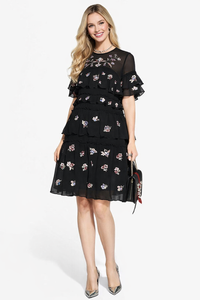 Floral Embroidered Tiered Mesh Shift Dress