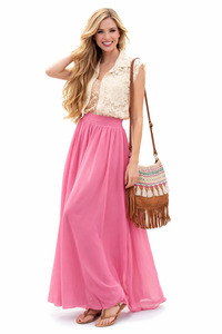 High Waisted Flowy Chiffon Maxi Skirt in Hotpink