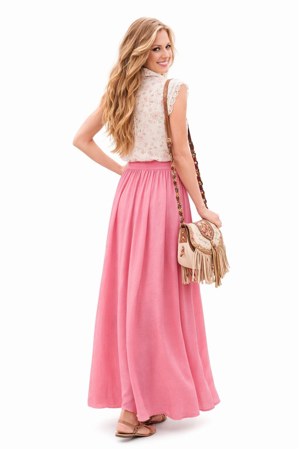 High Waisted Flowy Chiffon Maxi Skirt in Hotpink