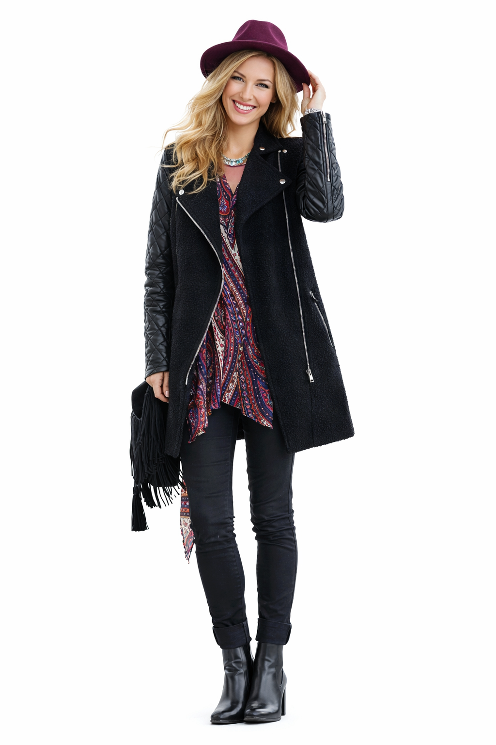Vanessa Quilted Sleeve Panel Wool Coat in Black