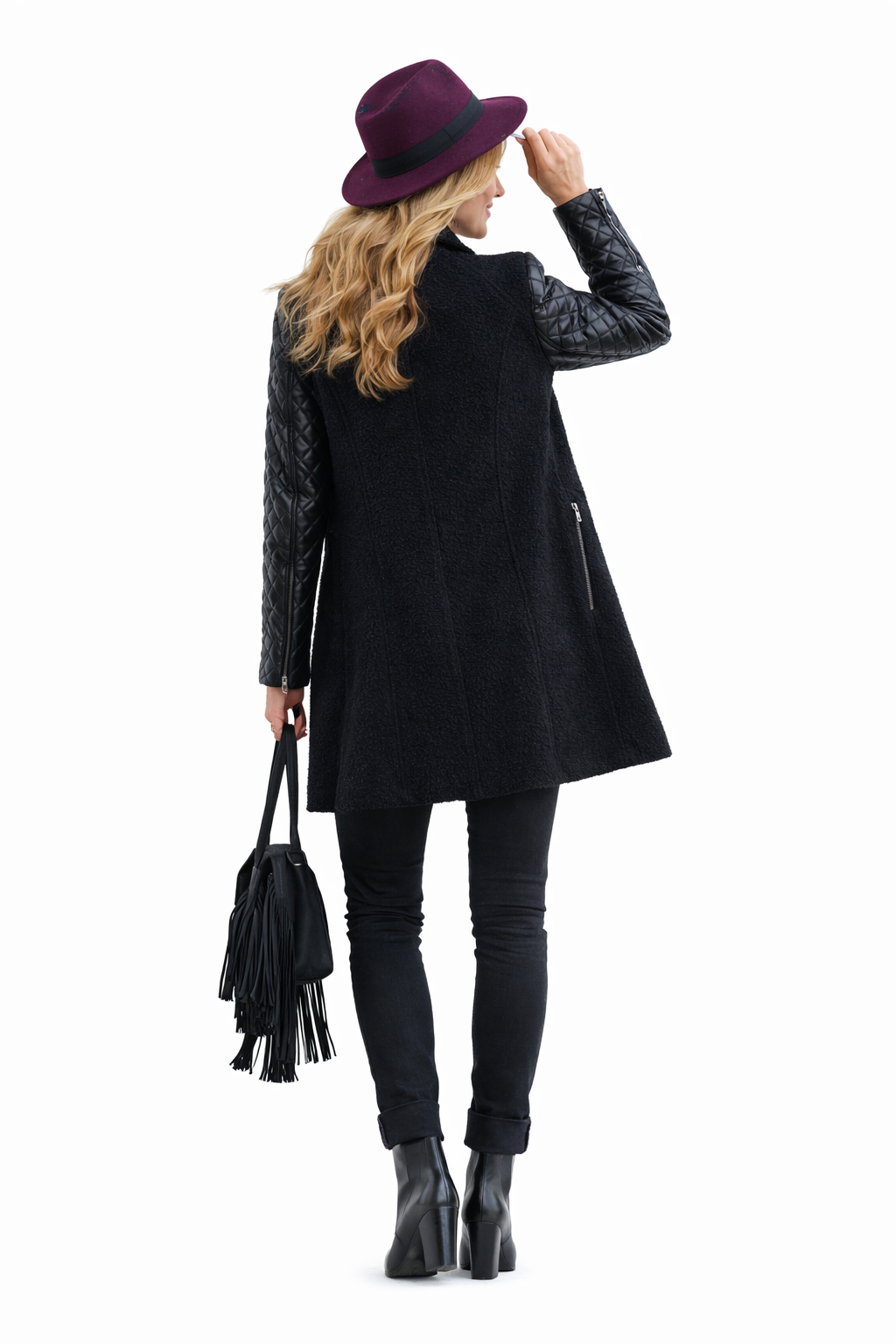 Vanessa Quilted Sleeve Panel Wool Coat in Black