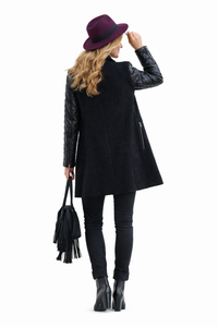 Vanessa Quilted Sleeve Panel Wool Coat in Black