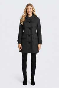 Jessica Alba Inspired Duffel Wool Hooded Coat in Dark Charcoal