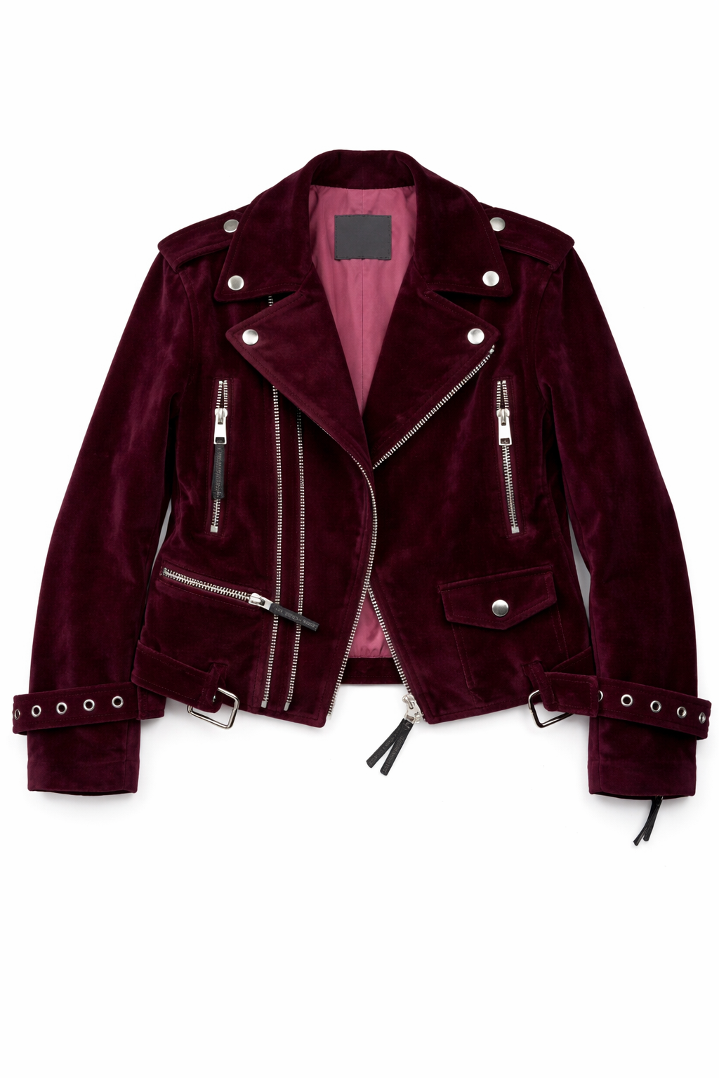 Semi-crop Belted Suede Biker Jacket in Burgundy