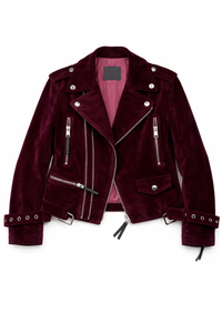 Semi-crop Belted Suede Biker Jacket in Burgundy