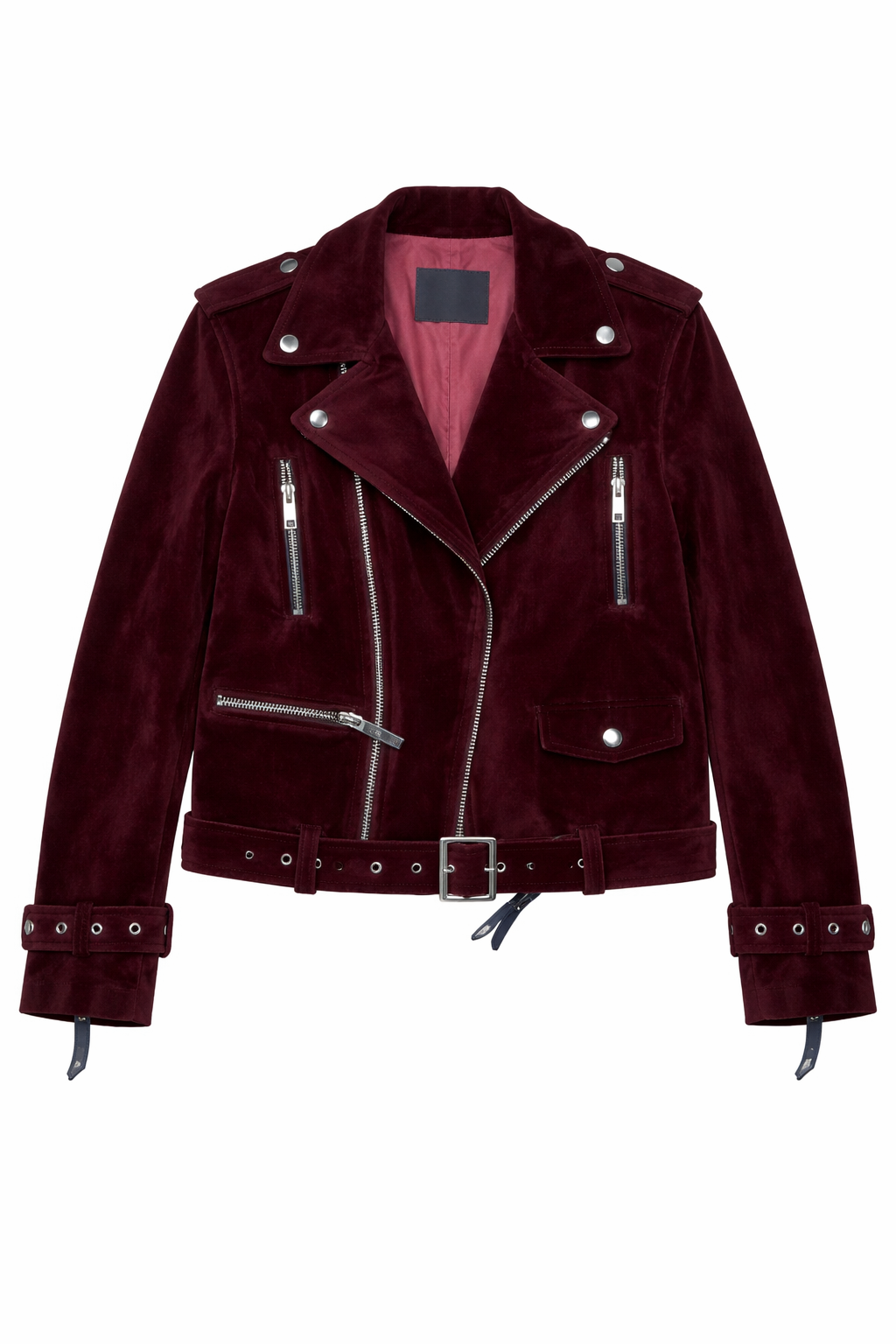 Semi-crop Belted Suede Biker Jacket in Burgundy