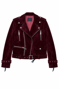 Semi-crop Belted Suede Biker Jacket in Burgundy