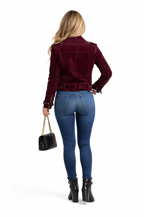 Semi-crop Belted Suede Biker Jacket in Burgundy