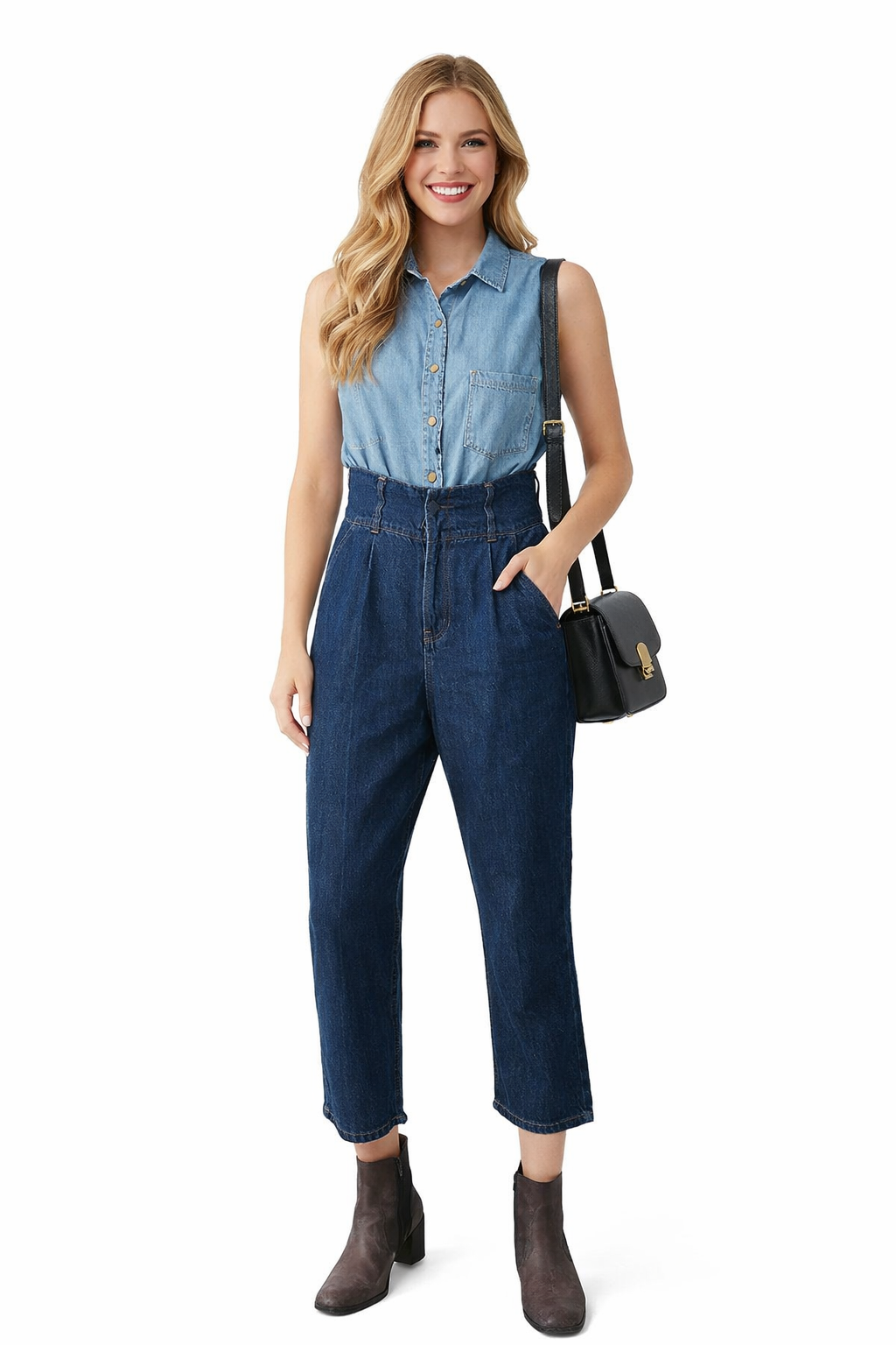 Two-tone Double Denim Belted High Waist Jumpsuit