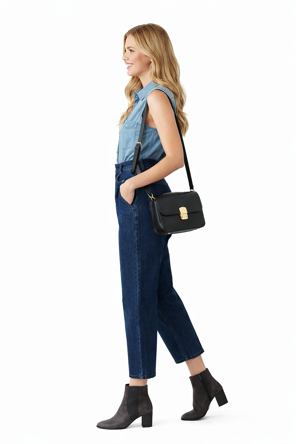 Two-tone Double Denim Belted High Waist Jumpsuit