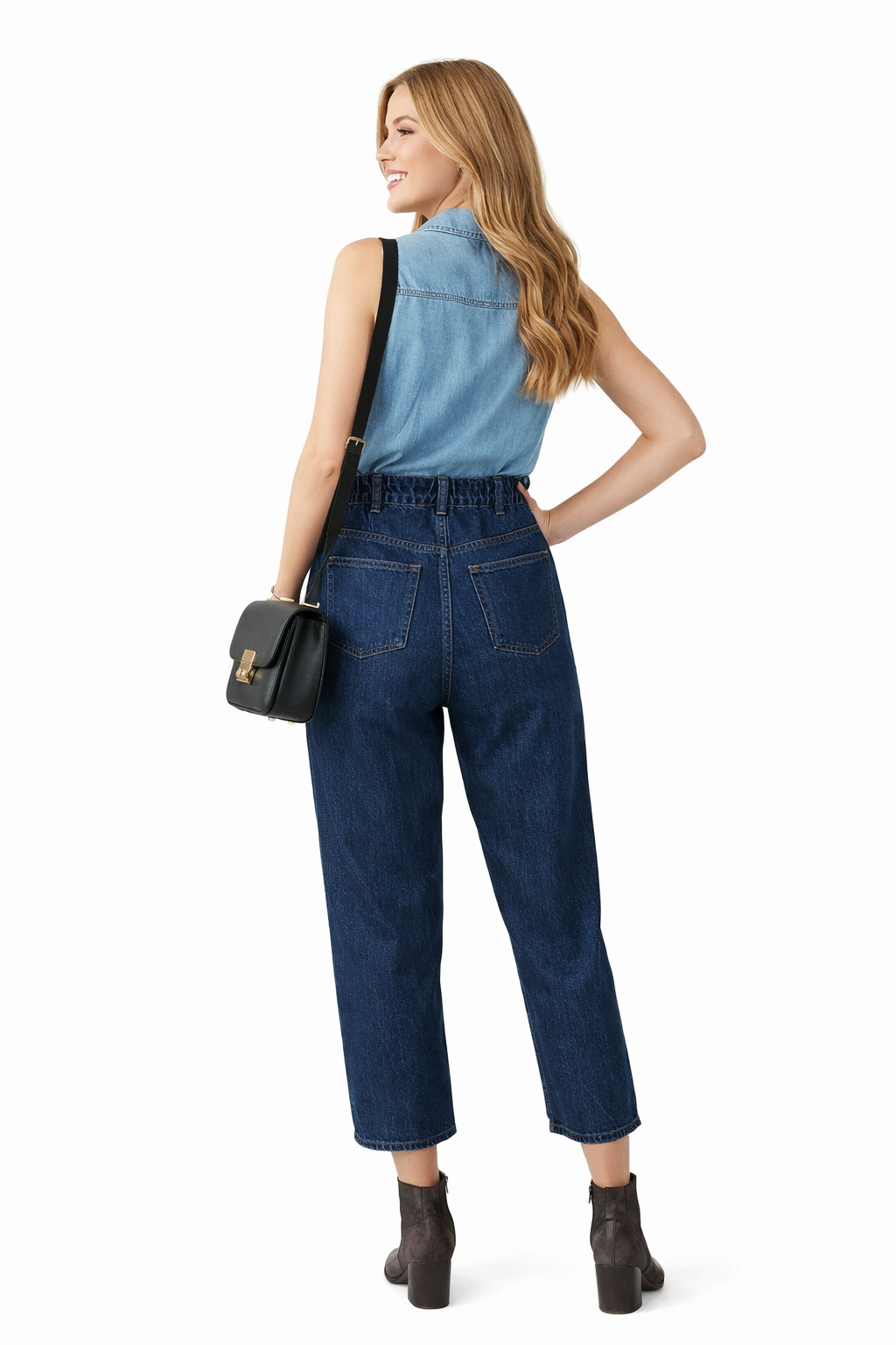 Two-tone Double Denim Belted High Waist Jumpsuit