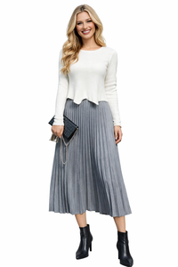 Elastic Waistband Velvet Pleated A-line Midi Skirt