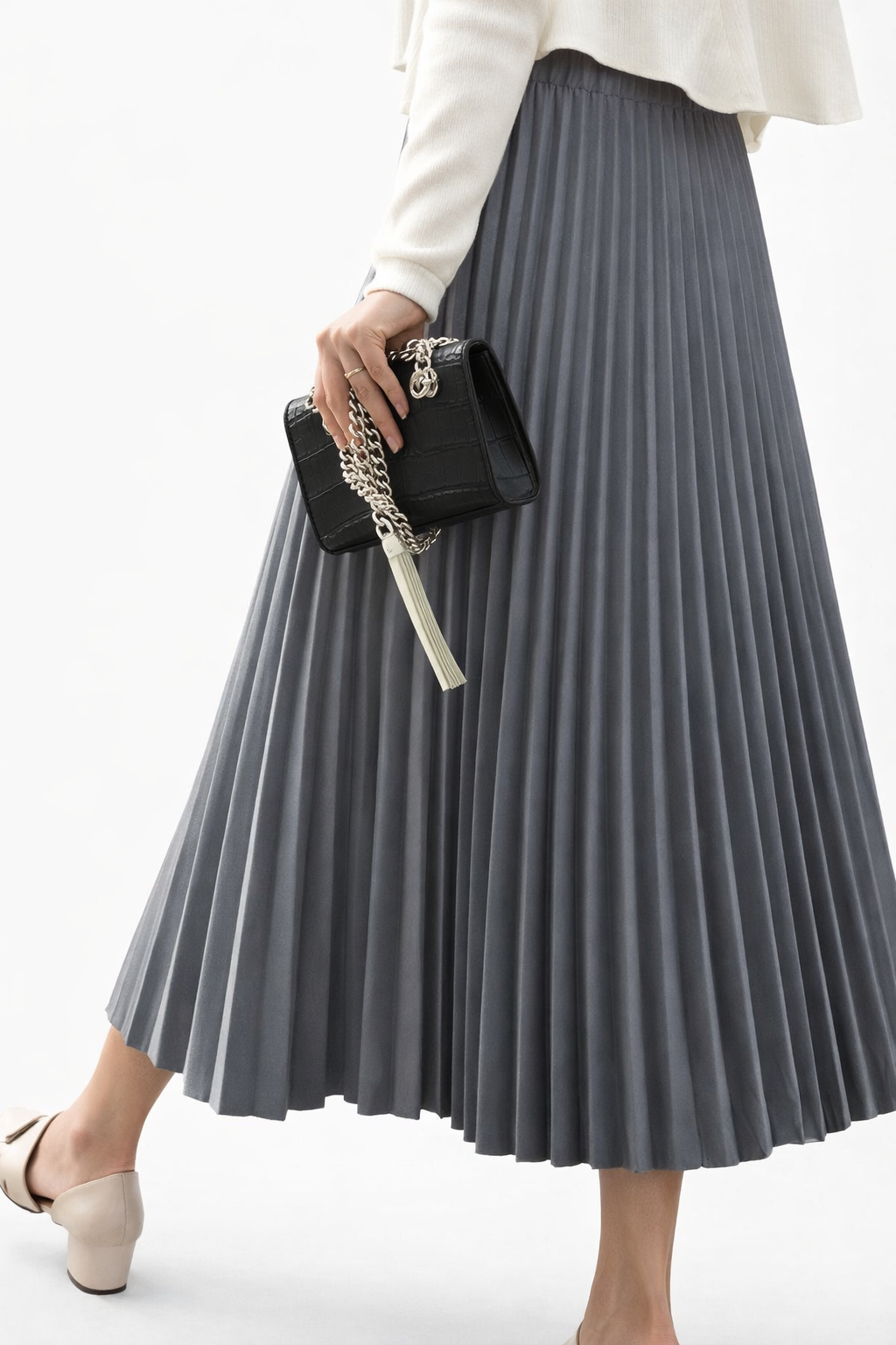 Elastic Waistband Velvet Pleated A-line Midi Skirt