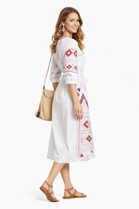 Mexican Embroidered Peasant Chiffon Midi Dress in White