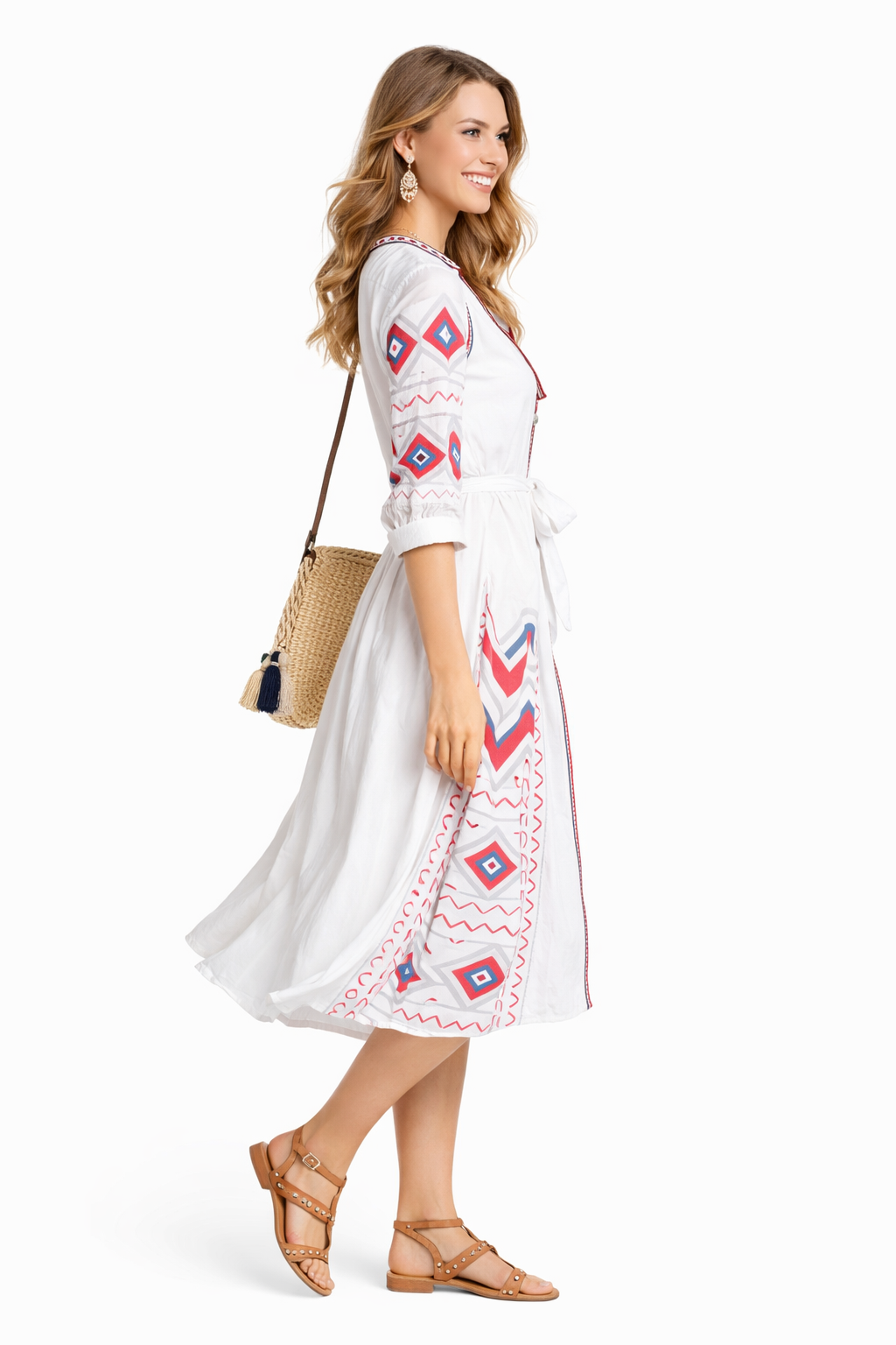 Mexican Embroidered Peasant Chiffon Midi Dress in White
