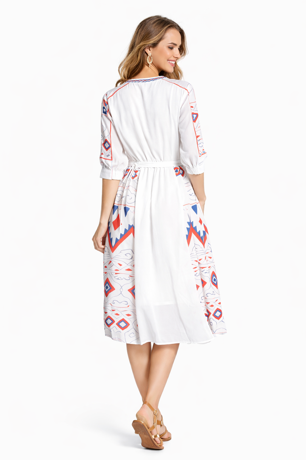 Mexican Embroidered Peasant Chiffon Midi Dress in White